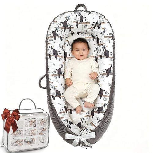 Baby Lounger-Breathable and Soft Organic 100% Cotton, Portable Infant Lounger with Removable Lounger Cover, Baby Nest Lounger for Newborn - Grey Panda