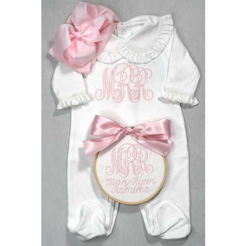 Smocked Bows Romper Coming home, Luxury footie embroidery details, hospital outfit photograph, shower gift, Pink bow, 100% Pima