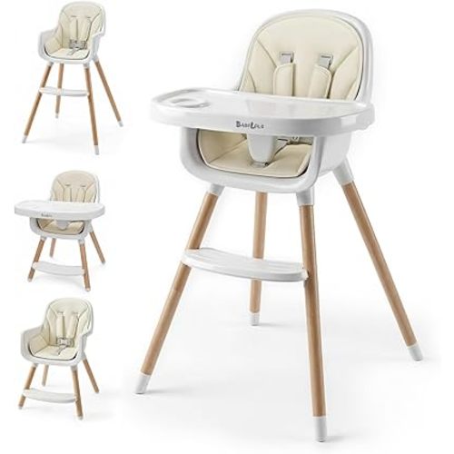 Baby High Chair Wooden Highchair with Removable Tray, Adjustable Legs, Cushion, 5-Point Harness & Footrest, Cream