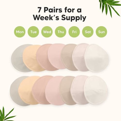 Organic Nursing Pads - 14 Washable Breast Pads for Breastfeeding, Wash Bag, Viscose Derived from Bamboo Reusable Nipple Covers for Breastfeeding Essentials, Soft & Absorbent (Neutrals, XL 5.5")
