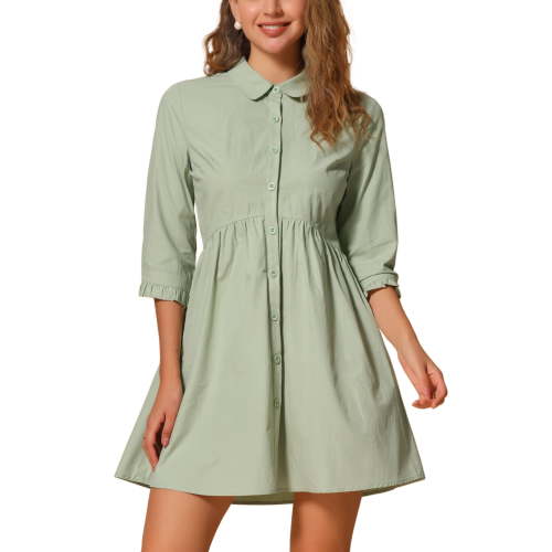 INSPIRE CHIC Women's Shirt Dress 3/4 Sleeve Button Down Mini Dresses M Light Green