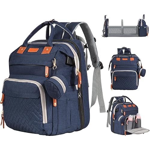 JOYCE Baby Diaper Bag Backpack, with Diaper Changing Station, Multi-functional Travel Diaper Waterproof Backpack, for Baby Boys and Girls, with Foldable Portable Pad and Sunshade (Large Blue)
