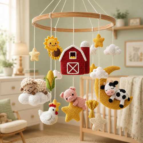 Farm Crochet Baby Mobile, Barnyard Nursery Decor, Cow Pig Sheep Crib Mobile, Handmade Baby Shower Gift, Neutral Farmhouse, Newborn Gift