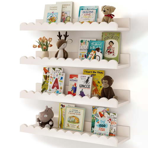 4-Pack 16.5-Inch Scalloped Floating Shelves - Kids Nursery Book Shelves for Toddler Room, Baby Room, Bedroom