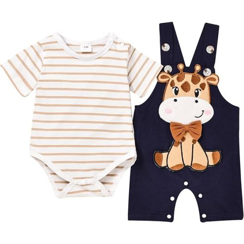 Baby Boy Clothes Newborn Outfits Stripe Romper Infant Cartoon Overall Adjustable Suspender Pants Set 0-18 Months