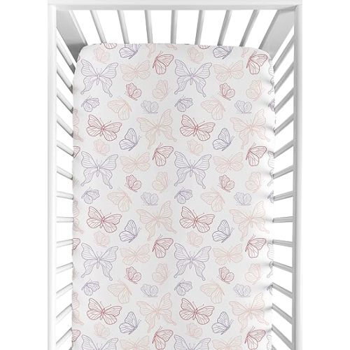 Sweet Jojo Designs Shabby Chic Butterfly Girl Baby Fitted Crib Sheet Infant Newborn Nursery Toddler Bed Room Standard Mattress Blush Pink Lavender Purple White Colorful Pastel Lilac Watercolor Pattern