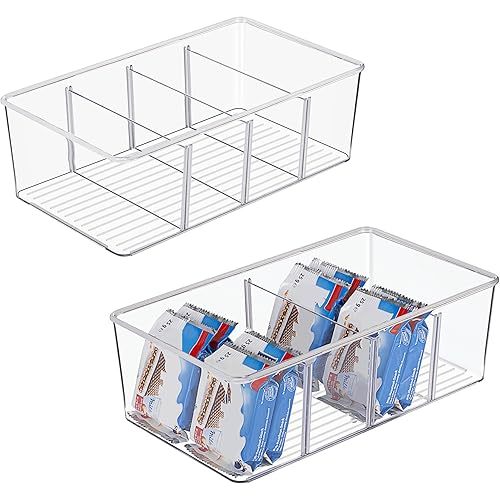 Vtopmart 2 Pack Food Storage Organizer Bins, Clear Plastic Bins for Pantry, Kitchen, Fridge, Cabinet Organization and Storage, 4 Compartment Holder Packets, Snacks, Pouches, Spice Packets