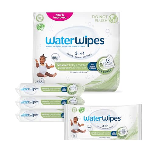 WaterWipes Sensitive+ Baby & Toddler Wipes, 3-In-1 Cleans, Cares, Protects, 99.9% Water, Textured Clean, Unscented & Hypoallergenic, 240 Count (4 Packs)