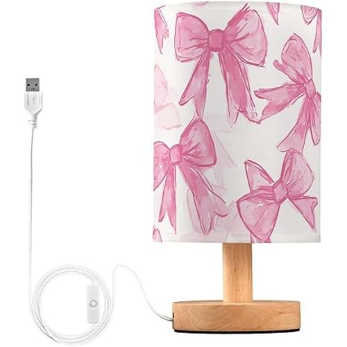 Bedside Table Lamp Pink Bow Printed Nightstand Lamp with Wood Desk Lamps for Bedroom Living Room Nursery Office Home Decor