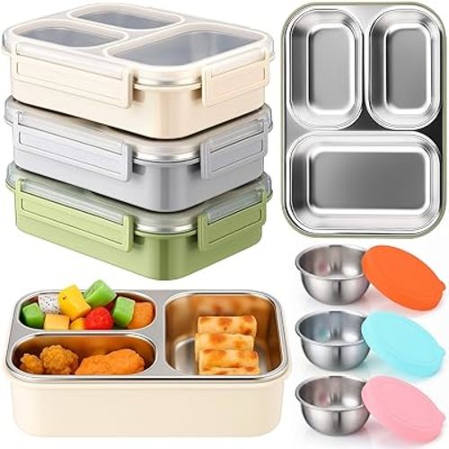 3 Pack Stainless Steel Lunch Boxes 25 oz 3 Compartment Metal Bento Box with 3 Pcs Condiment Containers and Leakproof Lids for Office Outdoor and Gym, Dishwasher Safe