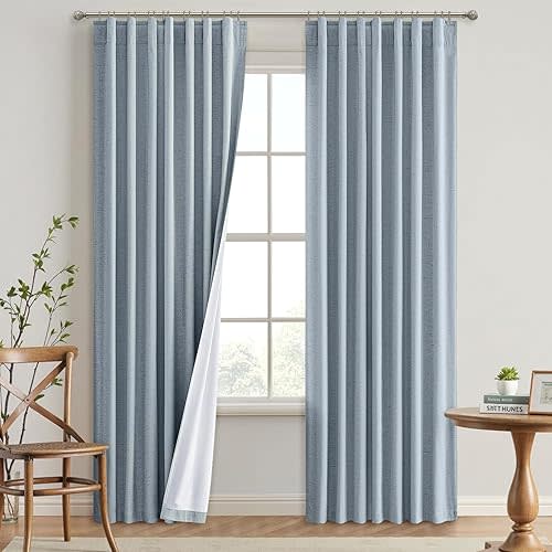 EMEMA Chambray Blue Linen Blackout Curtains 90 inch Long 2 Panels Set for Bedroom Back Tab Thermal Insulated 100% Black Out Drapes Pinch Pleated Hooks Room Darkening Window Curtain for Living Room