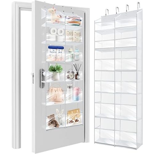 HOMELUX THEORY UPGRADED Over The Door Organizer Hanging - 100D EXTRA THICK & 50lbs HUGE CAPACITY 6Large Front & 12Side Pockets, Over The Door Shoe Organizer, Hanging Closet Organizer (Transparent XL)