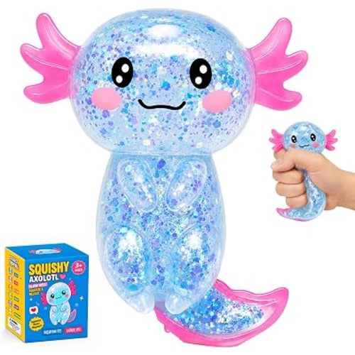 Axolotl Squishy Toy Stress Relief Glitter Fidget,Cute Long Tail Fidget Axolotl Squishy Toy for Kids & Adults, Squishy Gifts Salamander for Party Birthday (Blue)