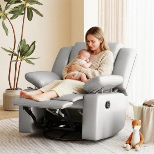 TYBOATLE Swivel Glider Recliner Chair - Gray Faux Leather - Manual Rocker with Adjustable Footrest