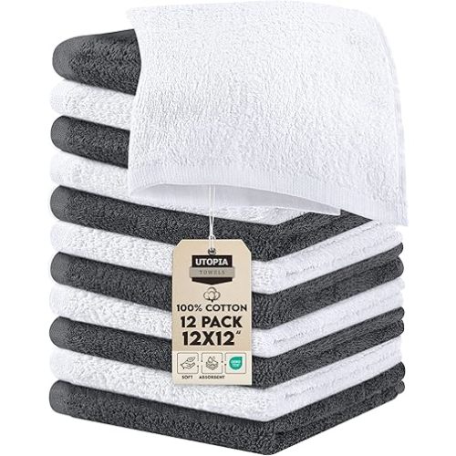 Utopia Towels 12 Pack Cotton Washcloths Set, 100% Ring Spun Cotton, Premium Flannel Face Cloths, Highly Absorbent and Soft Feel Fingertip Towels, Grey, White