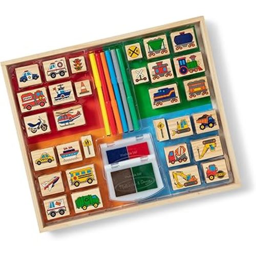 Melissa & Doug Deluxe Wooden Stamp and Coloring Set – Vehicles (30 Stamps, 6 Markers, 2 Durable 2-Color Stamp Pads)