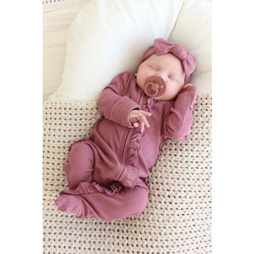 Boysenberry Bamboo Waffle Ruffle Zipper Footie