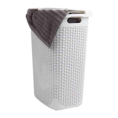 Mind Reader Slim Laundry Hamper with Lid, 60L Clothes Basket, Premium Wicker Design, Plastic, White