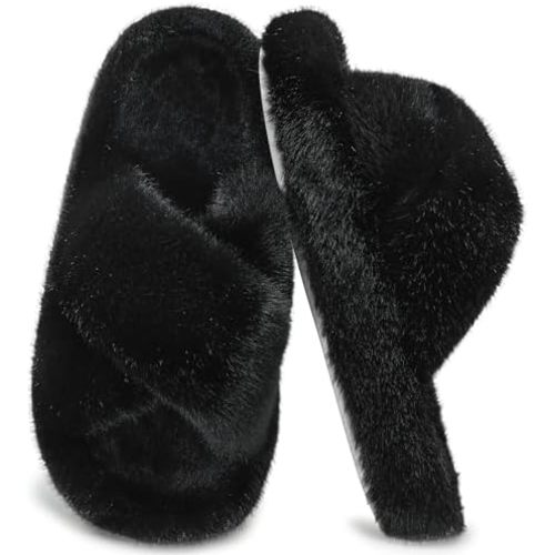 Women's Fuzzy Slippers House Slippers Memory Foam Bedroom Shoes Open Toe, Cross Band