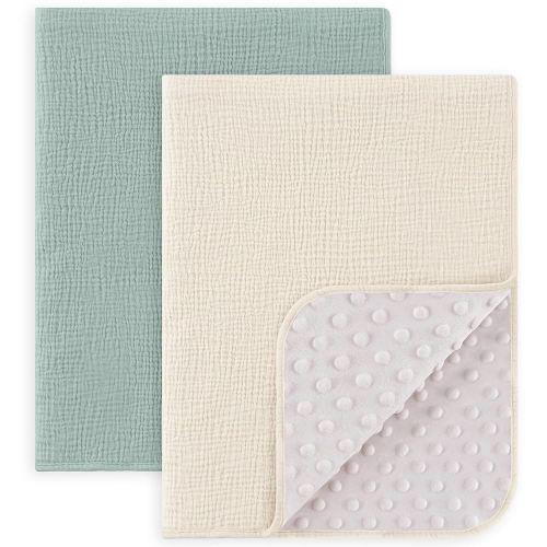 Susurration Baby Blanket for Unisex Boys Girls, 2 Pack Soft Fluffy Crib Blankets with Muslin Cotton Front and Dotted Fleece Back, Receiving Blanket for Baby Newborn Infant, 30x40inch, Green&Cream