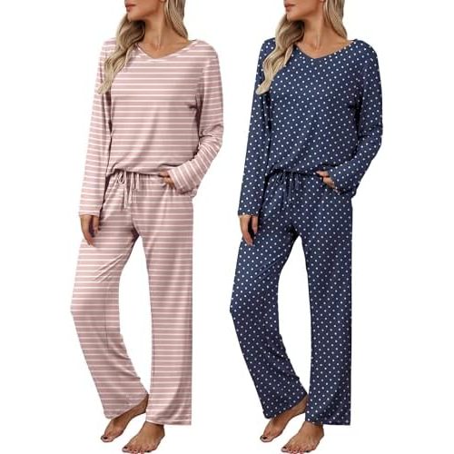 Ekouaer Womens 2 Pack Pajama Set Long Sleeve Pajamas Top and Pants V Neck Pjs Set Soft Loungewear with Pockets