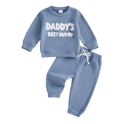 Kupretty Toddler Baby Boy Fall Winter Clothes Embroidery Waffle Knit Sweatshirt Pullover Tops + Casual Pants Outfit Set