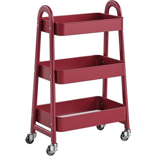 OLIXIS Metal 3 Tiers Utility Rolling Cart, Mobile Storage Shelf with Lockable Caster Wheels, Organization for Livingroom, Bathroom & Narrow Places, Red