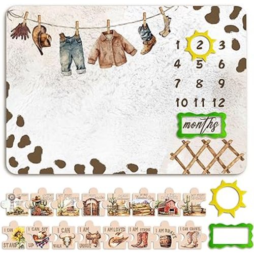 EQIUAG Cowbaby Baby Monthly Milestone Blanket, Newborn Photography Background Decor, Cowbaby Baby Nursery Decor, Perfect Newborn Gift & Keepsake