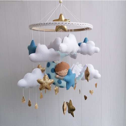 Sleeping Angel Baby Mobile: Felt Stars & Clouds Cot Mobile