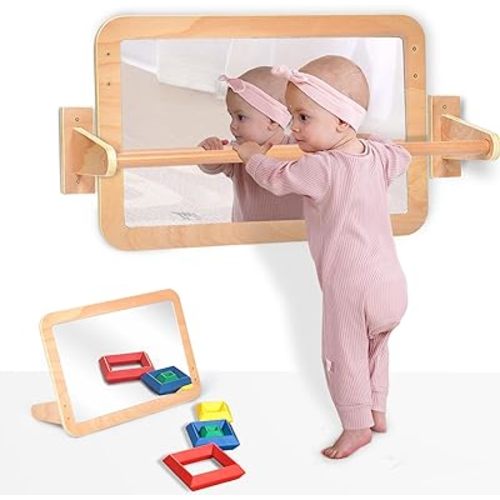 Montessori Baby 2-in-1 Shatterproof Safety Mirror with Pull-Up Bar - Infant Wall Mount & Floor Play for Tummy Time (6-18 Months)