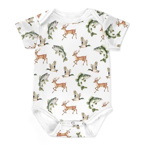 Wicbfdfv Vintage Deer Mallard Duck Fish Baby Bodysuits Boys Girls Wild Animals Hunting Infant Romper Outfit