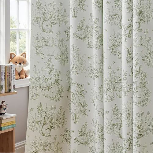 jinchan Taupe Blackout Curtains 63 Inch Whimsical Back Tab 2 Panels | Room darkening,nursery kids bedroom,privacy,whimsical,cottagecore,bunny pattern,botanical,nature-inspired decor