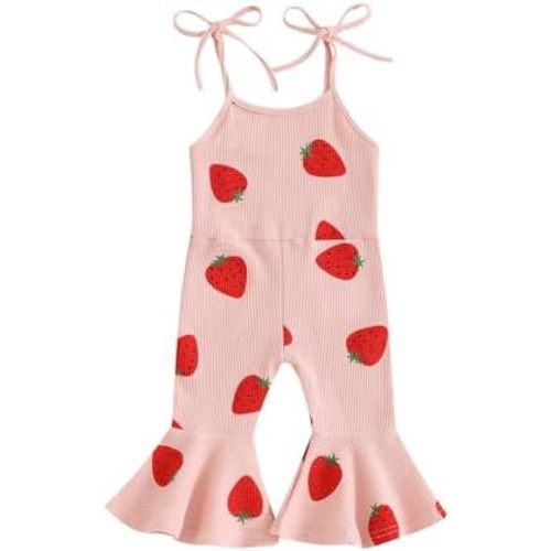 Toddler Baby Girl Strawberry Flare Jumpsuit Bell Bottom Romper Summer Outfit Kid Girls Spaghetti Straps One-Piece