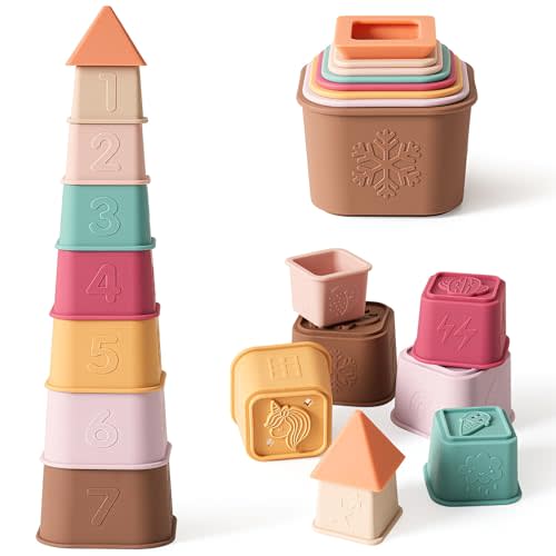YIVEKO Baby Stacking Cups Toy, Silicone Stacking Tower Educational Baby Toys 6M+, Soft Teething Building Blocks 8 Pcs, BPA Free Sensory Infant Toy, Bath & Beach Toys, Vintage Neutral Colors-Vintage