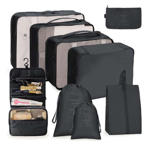DAKOMM Packing Cubes 9 Sets, Travel Luggage Organizer Set with Hanging Toiletry Bag & Shoe Bag, Mesh Suitcase Essentials, Vacation Storage for Men Women, Black