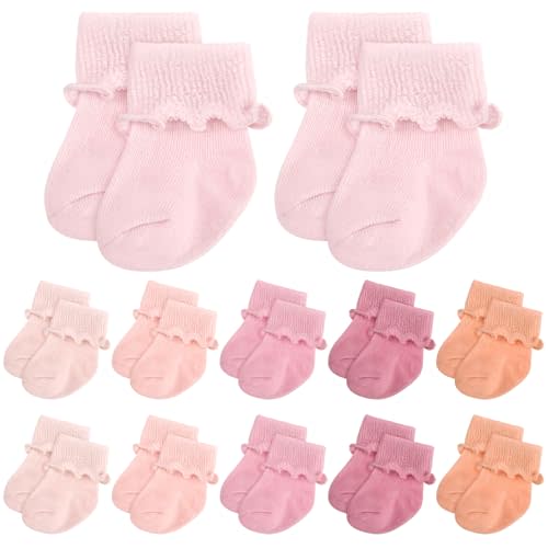 Toulite 12 Pairs Preemie Newborn Baby Ankle Socks Ruffle Turn Cuff Cotton Non-slip Warm Socks for Girls and Boys Infant