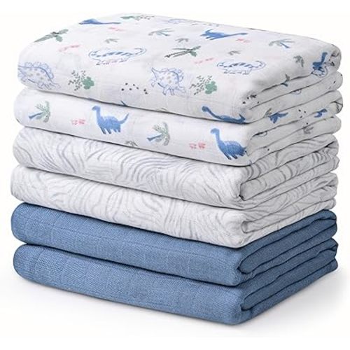 GLLQUEN BABY Receiving Blanket Boy Cotton Muslin Swaddle Blankets Girl Newborn Squares Breathable & Soft Thin Baby Blankets Cloths Double Absorbent Infant Swaddling Wrap - 6 Pack (Dinosaur)