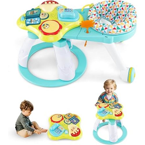 INFANS 3 in 1 Walk Around Baby Activity Center, Baby Walker with Play Table, Wheels, Detachable Seat Cushion, 3 Adjustable Heights, Learning Toys for Boys Girls Aged 6-36 Months (Green)