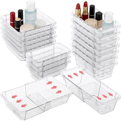 15 Pcs Expandable Drawer Organizer,Adjustable Drawer Organizer,2-Size,Clear