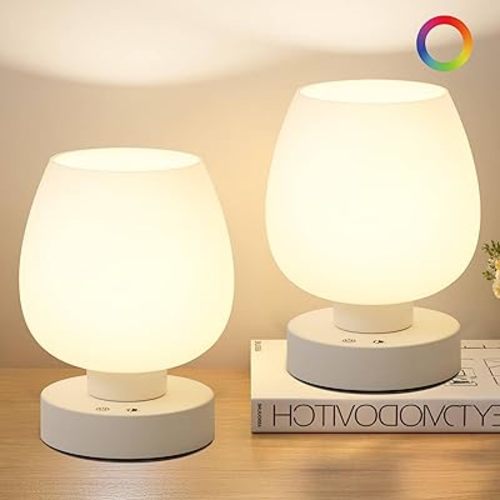 KARTOOSH Cordless Touch Bedside Table Lamp Set of 2, Rechargeable Battery Operated Desk Lamps with 8 RGB Colors, Dimmable Small Glass Nightstand Light for Living Room Bedroom Kitchen Counter