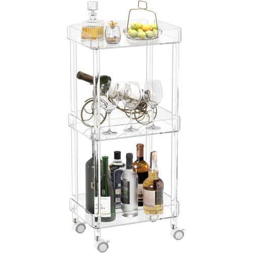 HMYHUM Small Acrylic Bar Cart, 15.2" L x 11.2" W x 34.2" H, 3 Tier Mini Rolling Serving Cart with 4 Lockable Wheels for Home Bar, Kitchen, Living Room, Modern, Clear