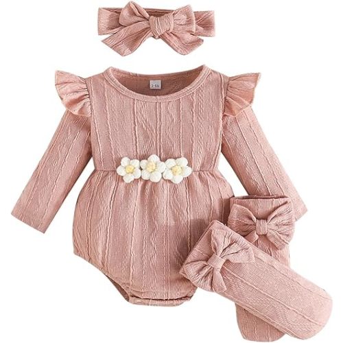 Newborn Infant Baby Girl Cotton Baby Romper Knitted 3d Flower Clothes Long Sleeve Warm Sweater Outfit With Socks