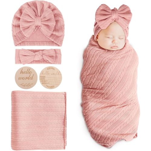 DRESHOW BQUBO Baby Swaddle Blankets for Girls, 4PCS Newborn Accessories Set with Matching Hat and Bow Headband with Card