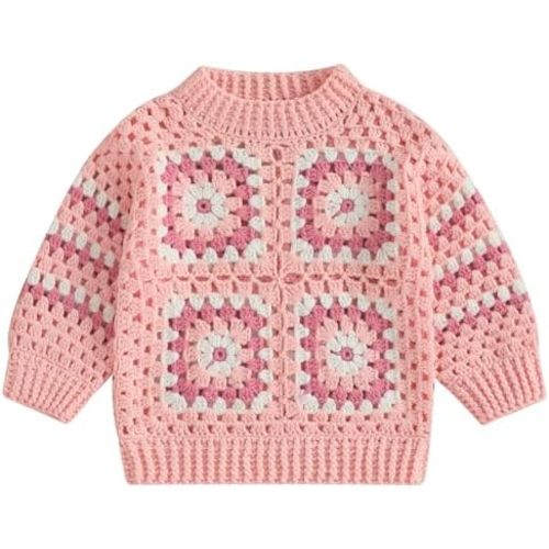 Suéter de punto hecho a mano para bebés y niñas pequeñas con cuello redondo floral de ganchillo, ropa de otoño e invierno