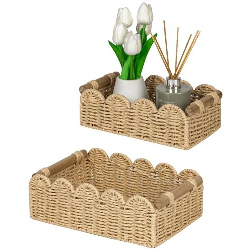 CubesLand Toilet Paper Storage Organizer Basket, Scalloped Decorative Baskets for Over Toilet Shelves, Wicker Small Basket Perfect for Home Countertop Storage & Decor, Living Room Shelf Decor, Beige