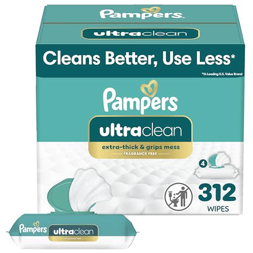 Pampers Ultraclean Baby Wipes, Unscented, Fragrance Free, Water Based, Hypoallergenic, Extra Thick & Grips Mess, 100% Plant Based, 312 Wipes Total (4X Flip-Top Packs)