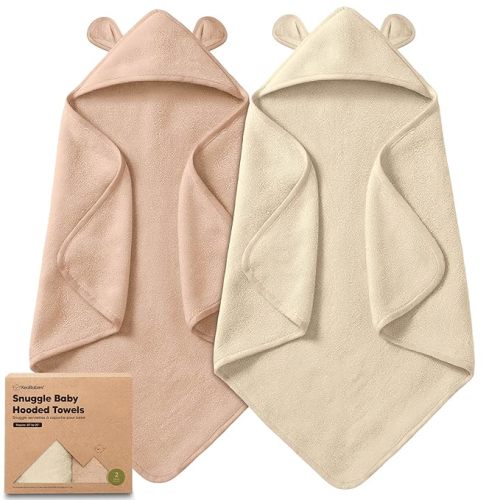 KeaBabies 2-Pack Hooded Baby Towels for Newborn - 35x35 Soft & Absorbent Viscose From Bamboo Baby Bath Towels with Hood for Infant, Toddler, Kids, Boys Girls, Newborn Bath Essentials (Almond, Regular)