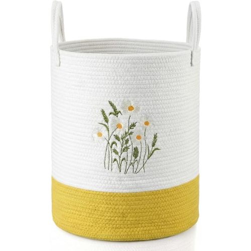 Honeydak Yellow Chrysanthemum Cotton Rope Laundry Basket Hamper Large Floral Embroidery Tall Basket with Handle Foldable Round Storage Bin for Toy Clothes Nursery Bedroom Organization Decor 14" x 18"