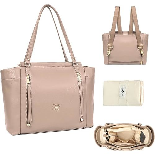 miss fong Diaper Bag Tote Leather Diaper Bag Backpack, Large Capacity Mommy Bag Hospital Bag, 12 Pockets Travel Diaper Tote with Changing Pad,Stroller Straps & Insulated Pockets for Mom & Dad-Khaki