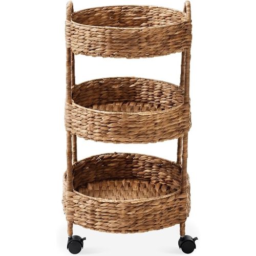 Best Choice Products 3-Tier Round Rolling Nursery Caddy w/Wheels, Handwoven Utility Cart, Storage Organization for Bathroom, Craft Room, Laundry Room - Chestnut
